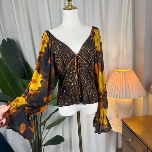 Anthropologie CONDITIONS APPLY Boho Statement Sleeves Smocked Blouse Large - Picture 8 of 9